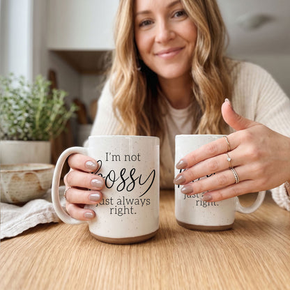 Two Bossy 16oz coffee mugs by Gia Roma, speckled off-white ceramic with brown bases on Tampa Home & Garden Store