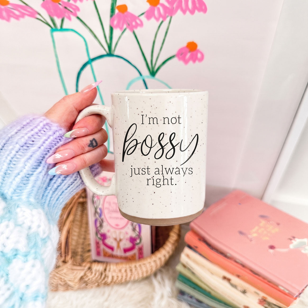 Gia Roma Bossy 16oz mug speckled beige with black script I'm not bossy just always right on Tampa Home & Garden Store
