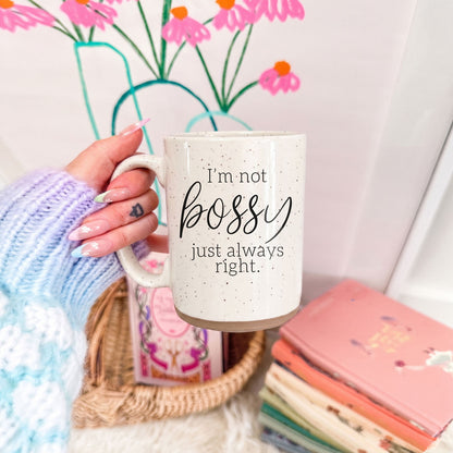 Gia Roma Bossy 16oz mug speckled beige with black script I'm not bossy just always right on Tampa Home & Garden Store
