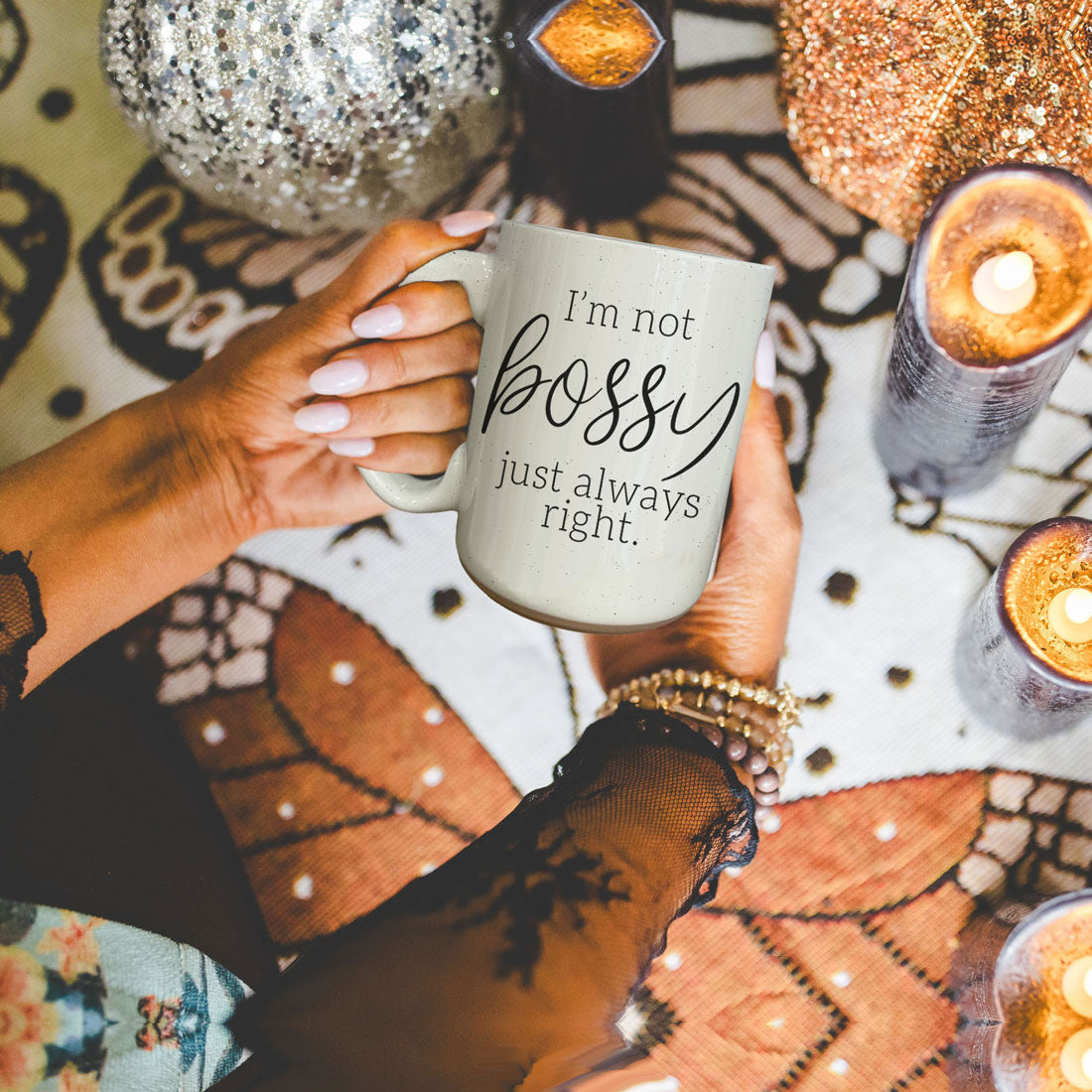 Bossy 16oz mug by Gia Roma, gray ceramic with I'm not bossy just always right on Tampa Home & Garden Store