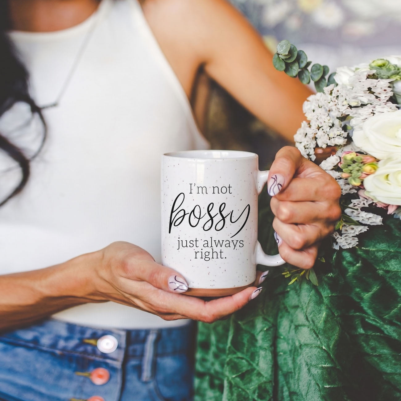 Bossy 16oz coffee mug Gia Roma ceramic with black script I'm not bossy just always right on Tampa Home & Garden Store