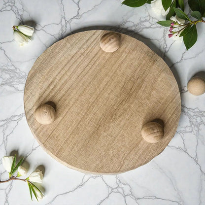 Rustic round wood jewelry tray on pedestal with four wooden knobs natural finish on Tampa Home & Garden Store
