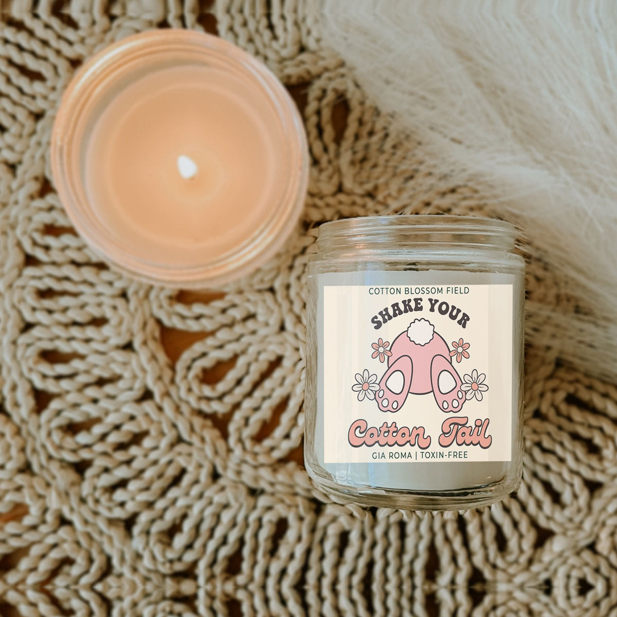 Cotton Blossom Retro Candle, glass jar by Gia Roma with pink Cotton Tail label, lit candle on Tampa Home & Garden Store