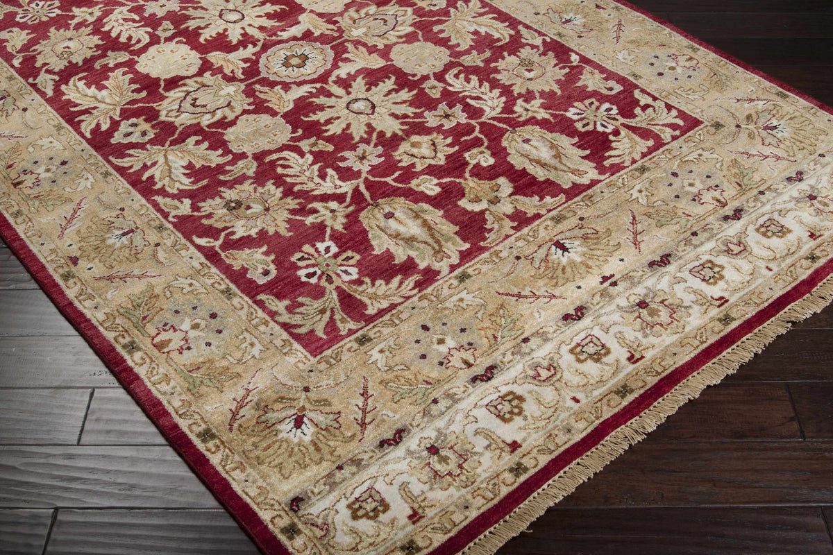 Red&Gold Premium Wool Area Rug by Boutique Rugs with ornate floral pattern and fringe on Tampa Home & Garden Store