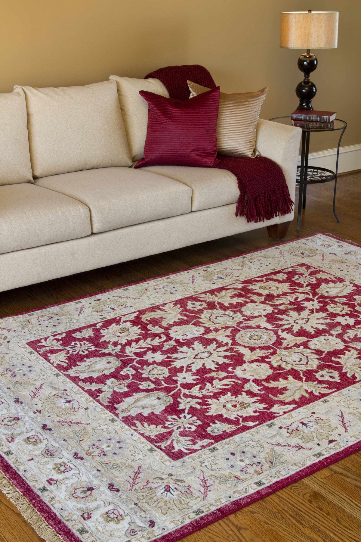 Red&Gold Premium Wool Area Rug - Clearance with burgundy border cream floral field Boutique Rugs on Tampa Home & Garden Store