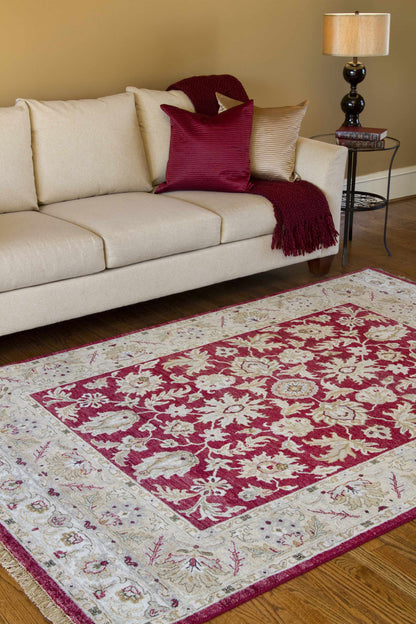 Red&Gold Premium Wool Area Rug - Clearance with burgundy border cream floral field Boutique Rugs on Tampa Home & Garden Store
