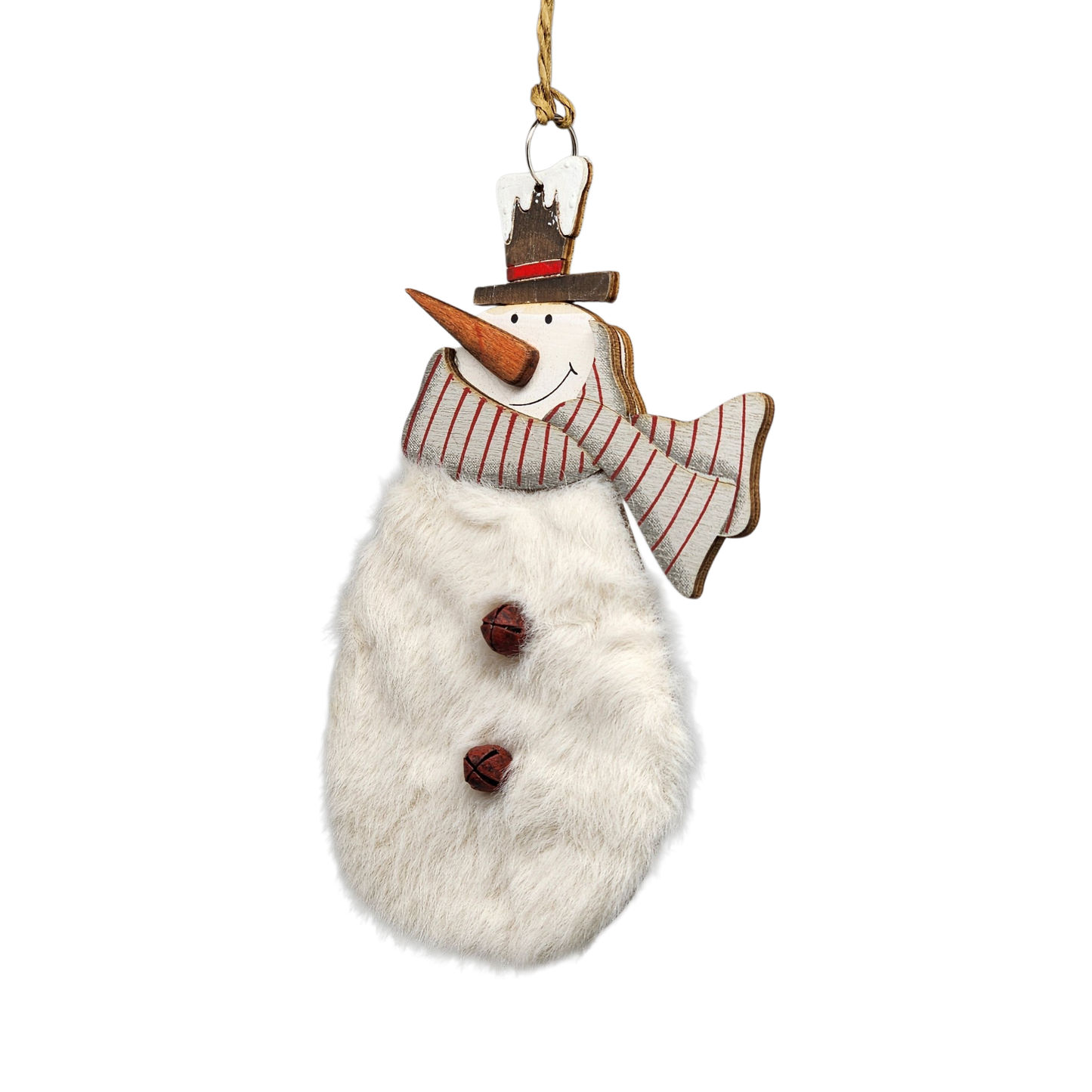 Adorno de muñeco de nieve de madera y piel: bufanda gris y bombín
