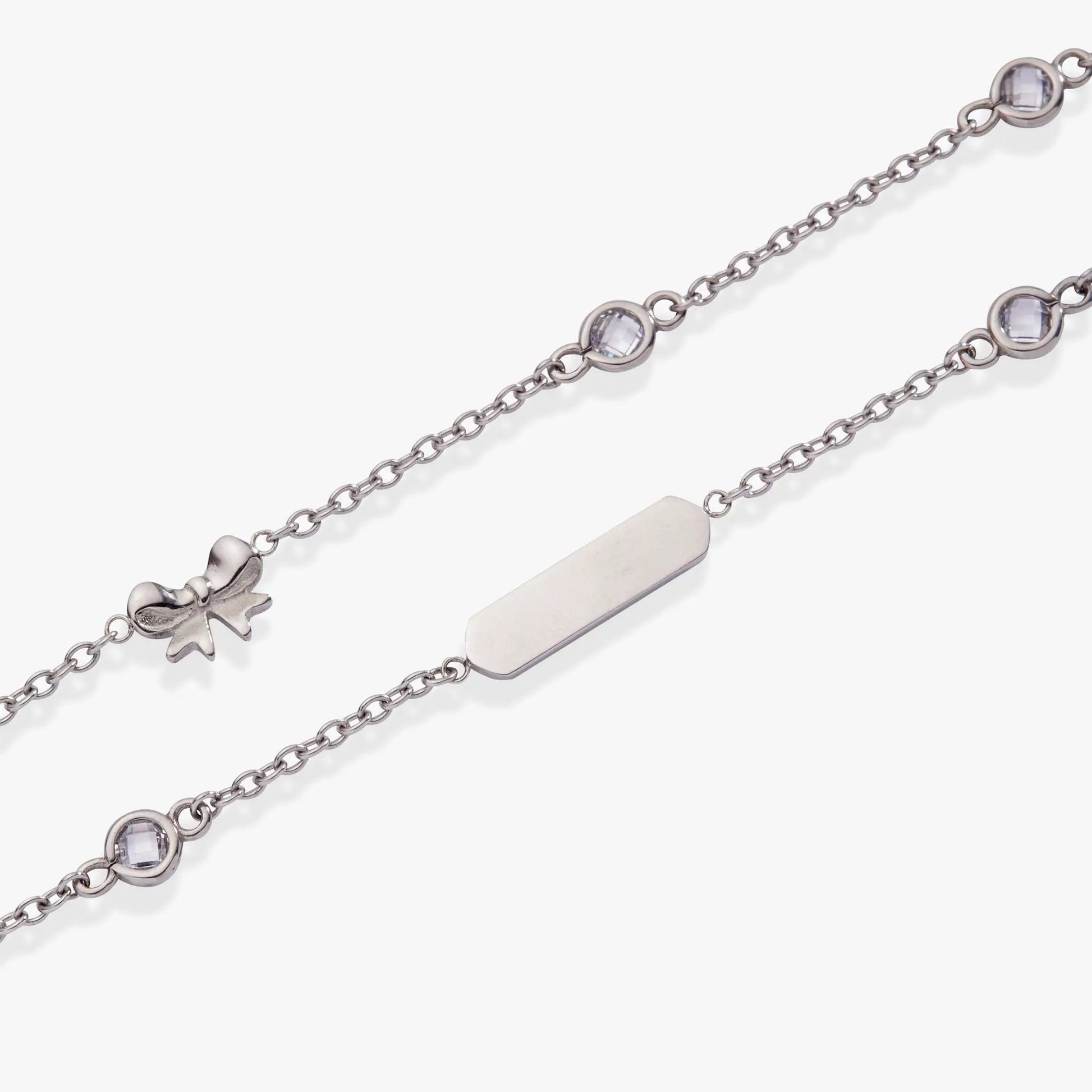 Bow Chain Double Strand Bracelet by Alex and Ani in silver tone with crystal bezel charms on Tampa Home & Garden Store