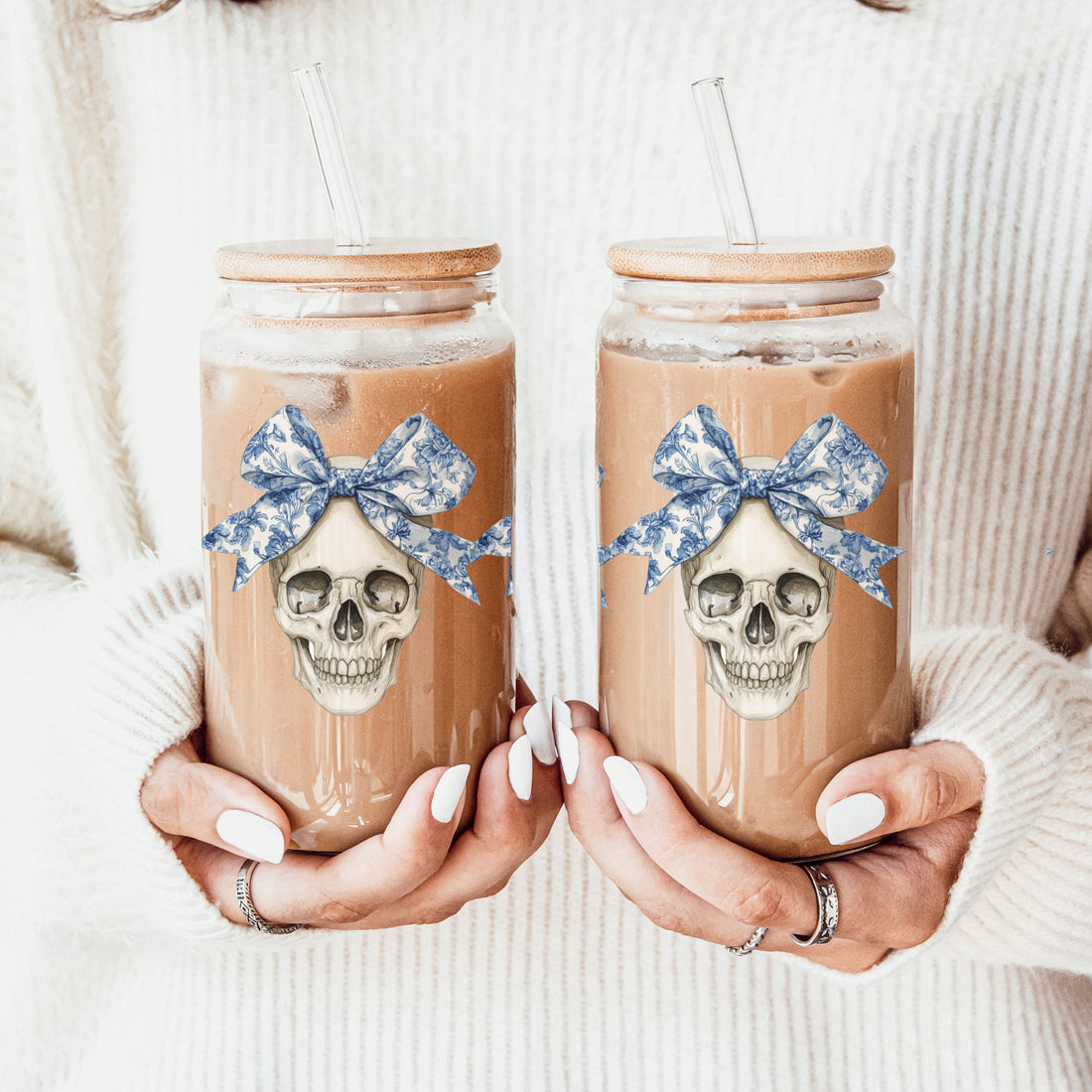 Bow Skull 20oz travel mugs (2) with skull and blue bow, wood-lid mason tumblers with straws on Tampa Home & Garden Store