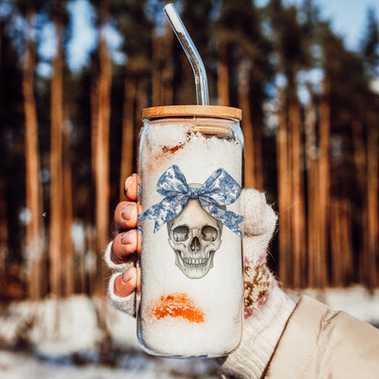 Bow Skull 20oz travel mug Gia Roma blue bow skull graphic on glass tumbler with wooden lid on Tampa Home & Garden Store