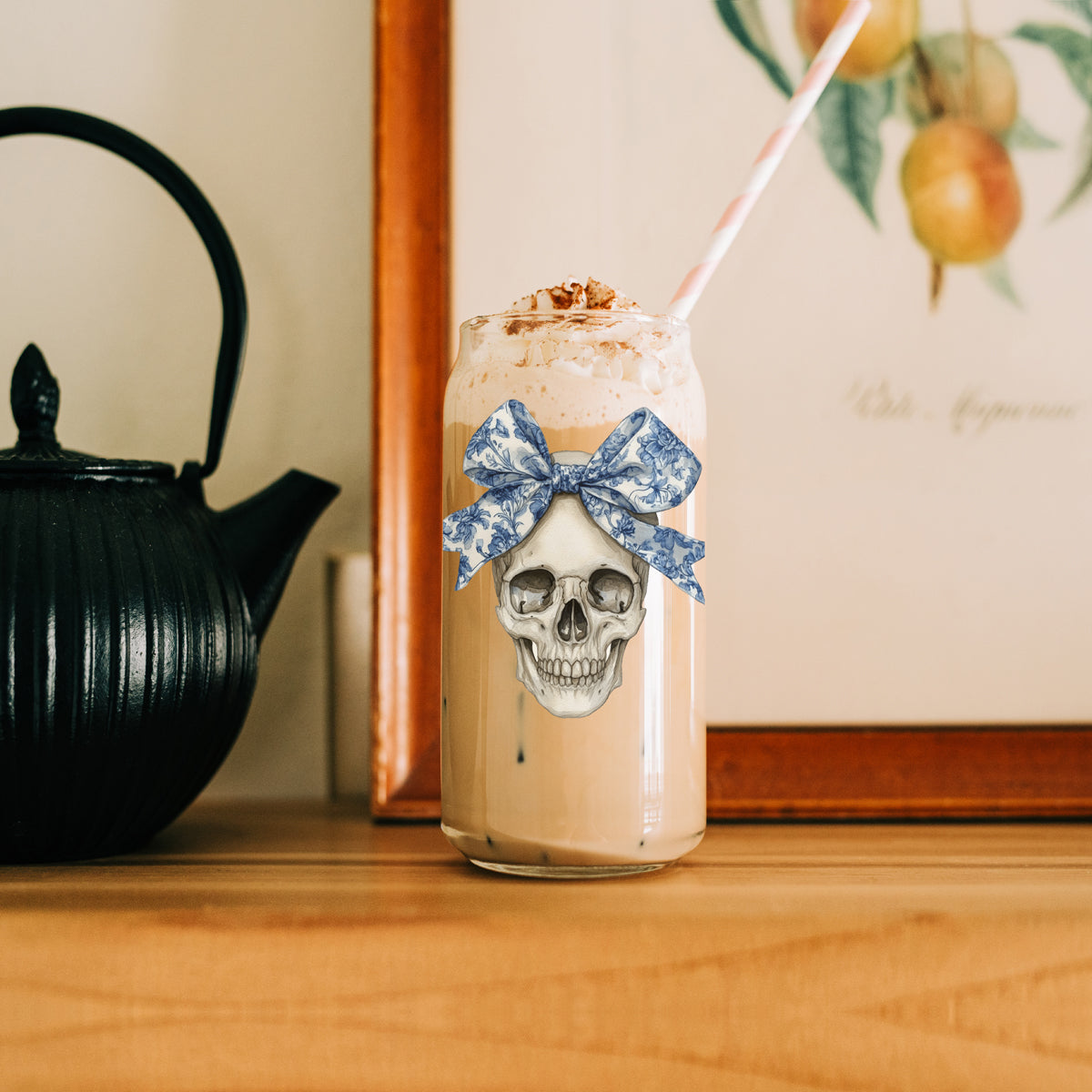 Bow Skull 20oz travel mug by Gia Roma, clear drinkware with skull and blue bow on Tampa Home & Garden Store