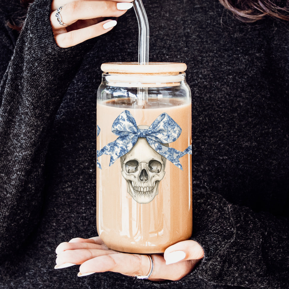 Bow Skull 20oz travel mug beige wrap skull with blue floral bow Gia Roma glass jar with wood lid on Tampa Home & Garden Store