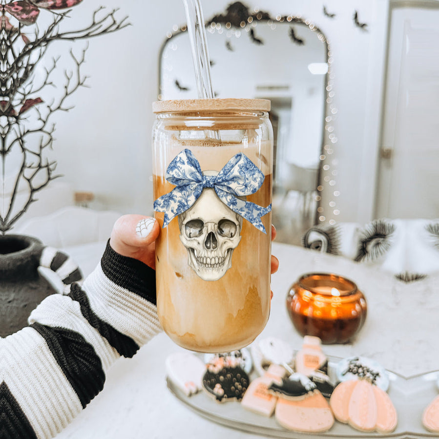 Bow Skull 20oz travel mug with skull graphic and blue bow, Gia Roma Drinkware on Tampa Home & Garden Store