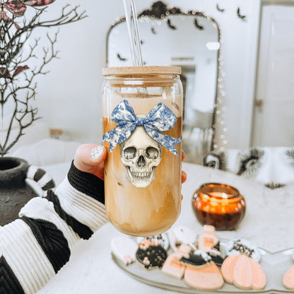 Bow Skull 20oz travel mug with skull graphic and blue bow, Gia Roma Drinkware on Tampa Home & Garden Store