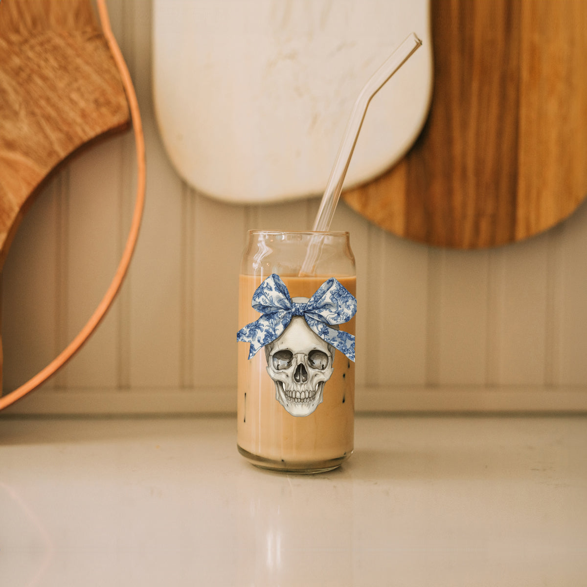 Bow Skull 20oz travel mug with skull graphic and blue bow, Gia Roma beer glassware on Tampa Home & Garden Store
