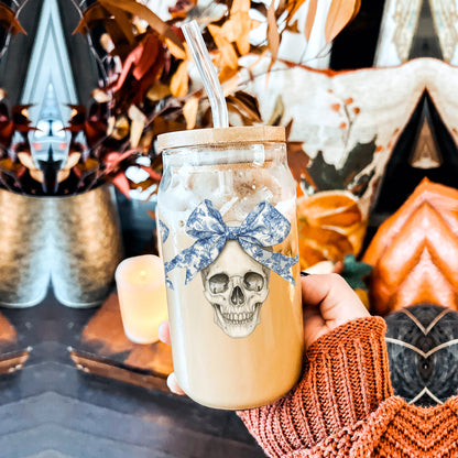 Bow Skull 20oz travel mug by Gia Roma with skull motif and blue bow on Tampa Home & Garden Store