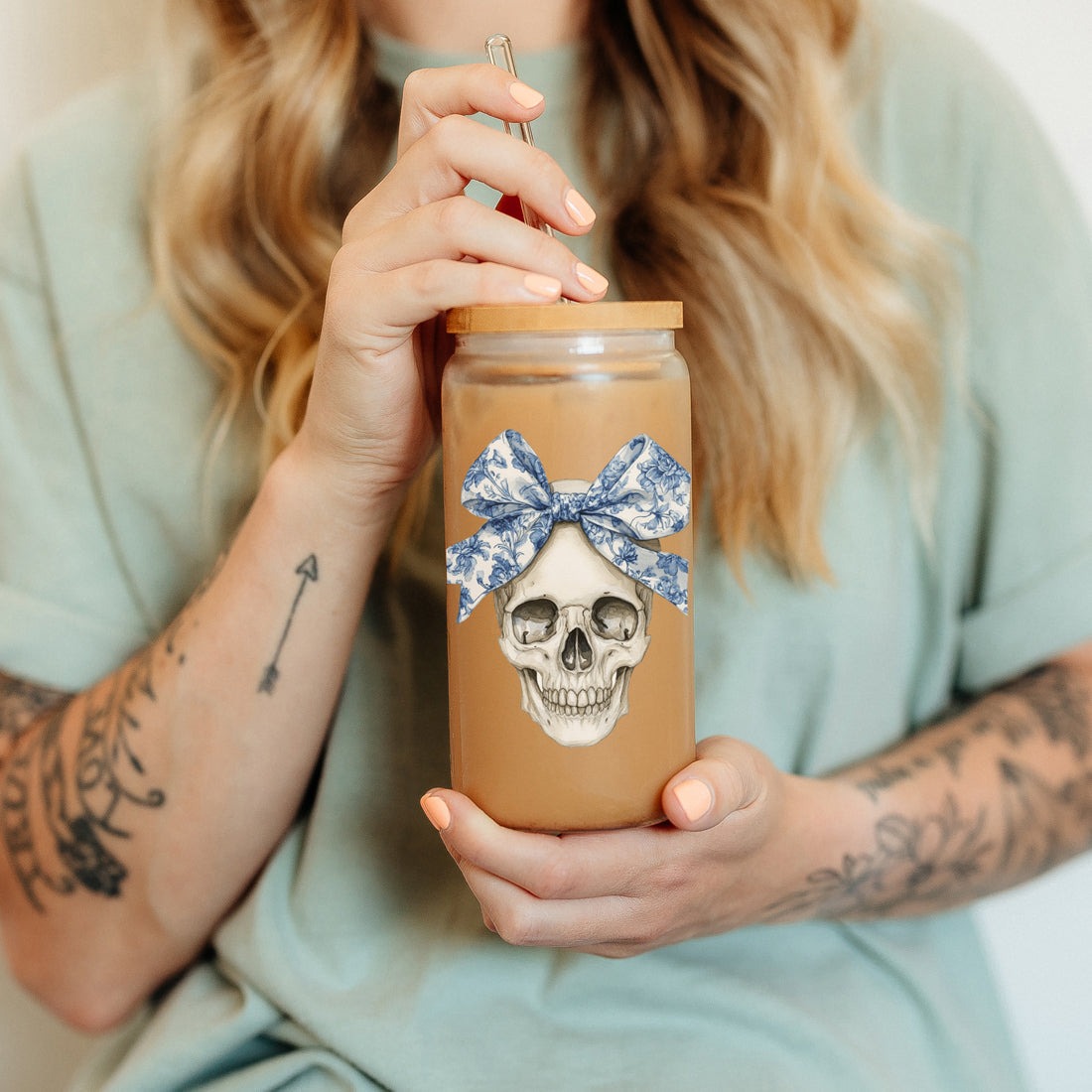 Bow Skull 20oz Travel Mug by Gia Roma glass tumbler with wooden lid and blue bow skull art on Tampa Home & Garden Store