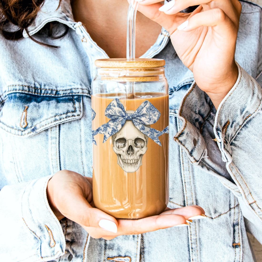 Bow Skull 20oz travel mug by Gia Roma with skull graphic and blue floral bow, glass mason jar on Tampa Home & Garden Store