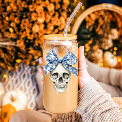 Bow Skull 20oz travel mug with bamboo lid and clear straw; skull with blue bow Gia Roma on Tampa Home & Garden Store