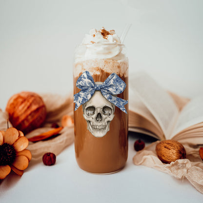 Bow Skull 20oz travel mug by Gia Roma with blue floral bow skull graphic and whipped cream on Tampa Home & Garden Store