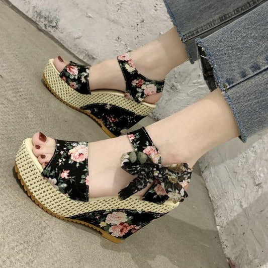 Bowknot floral platform sandals pair with wedge jute sole and ankle strap bow Stevvex on Tampa Home & Garden Store