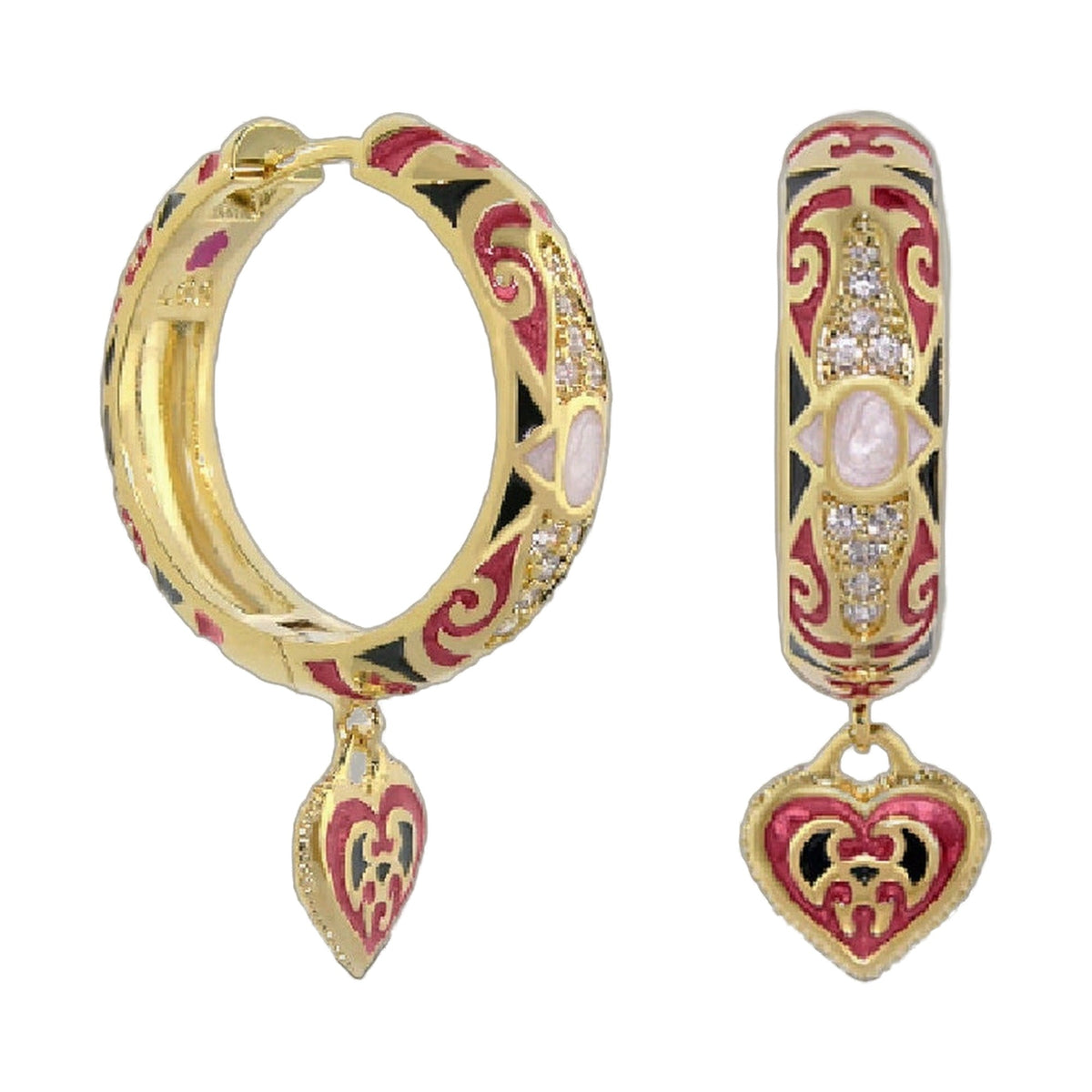 Enamel hoop earrings by Lauren G Adams, gold-tone with red bow and heart motif, 2-piece set on Tampa Home & Garden Store