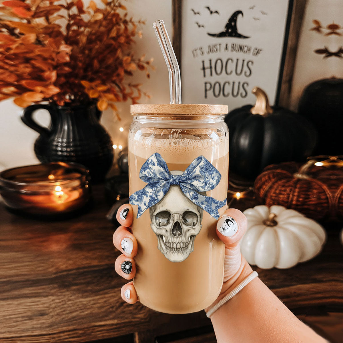 Bow Skull 20oz travel mug with blue bow skull graphic, clear glass tumbler, cork lid Gia Roma on Tampa Home & Garden Store