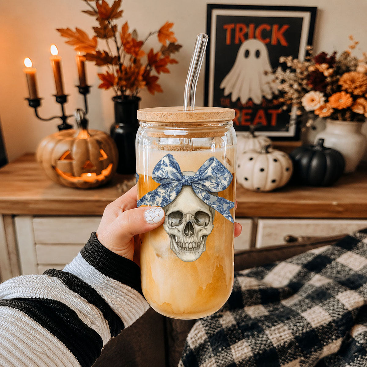Bow Skull 20oz travel mug with blue bow skull, amber gradient, bamboo lid and clear straw on Tampa Home & Garden Store