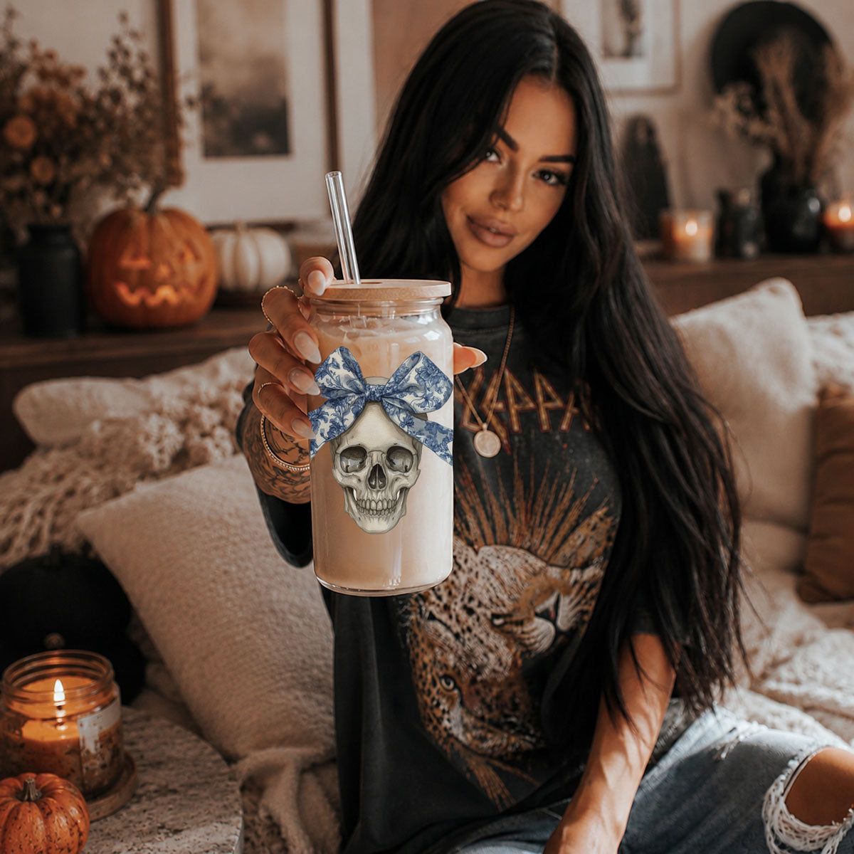 Bow Skull 20oz travel mug with blue bow skull graphic by Gia Roma on Tampa Home & Garden Store