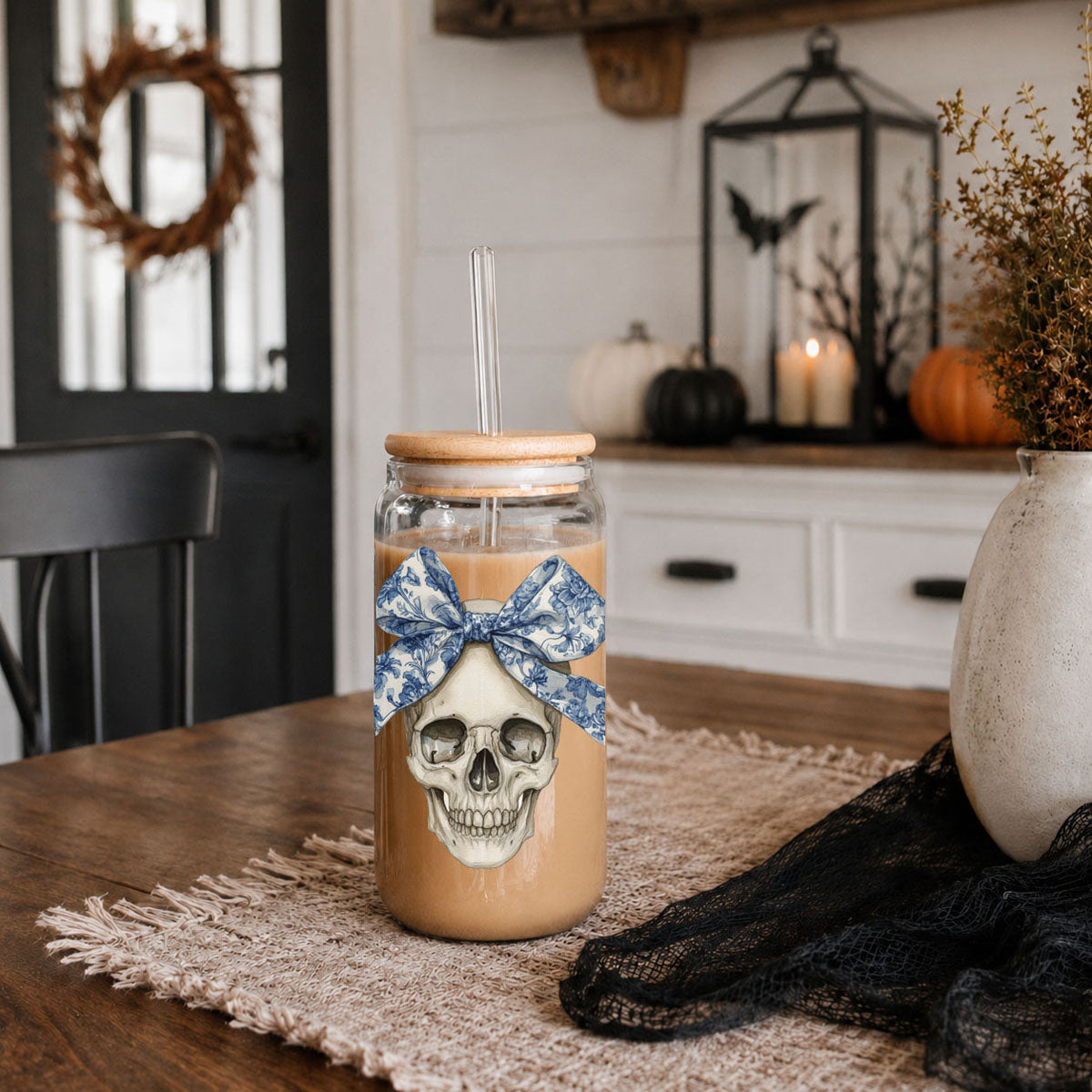 Bow Skull 20oz travel mug by Gia Roma with skull graphic and blue bow on Tampa Home & Garden Store