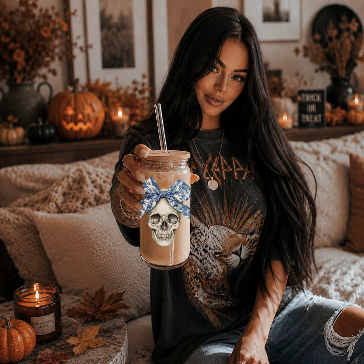 Bow Skull 20oz travel mug with skull graphic and blue bow, clear lid and straw Gia Roma on Tampa Home & Garden Store
