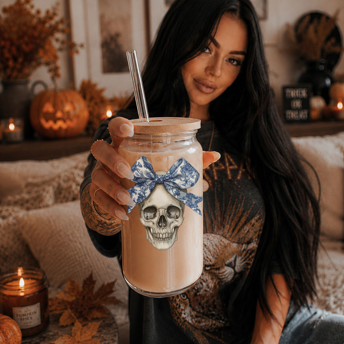 Bow Skull 20oz travel mug with skull graphic and blue bow Gia Roma drinkware on Tampa Home & Garden Store