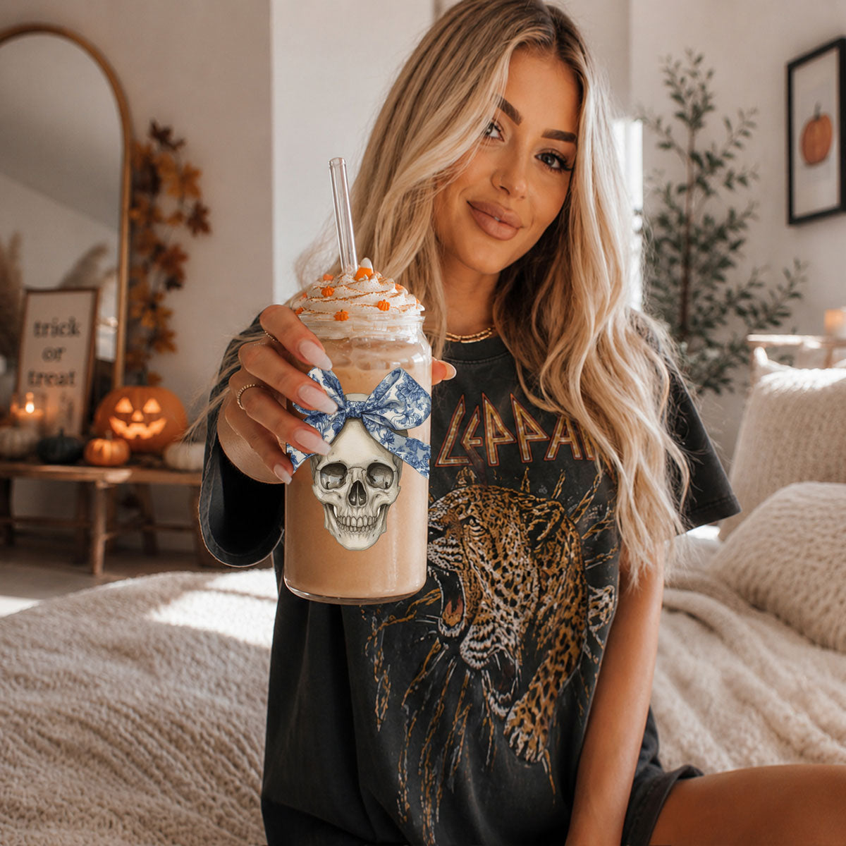 Bow Skull 20oz travel mug with skull and blue bow design Gia Roma drinkware topped with cream on Tampa Home & Garden Store