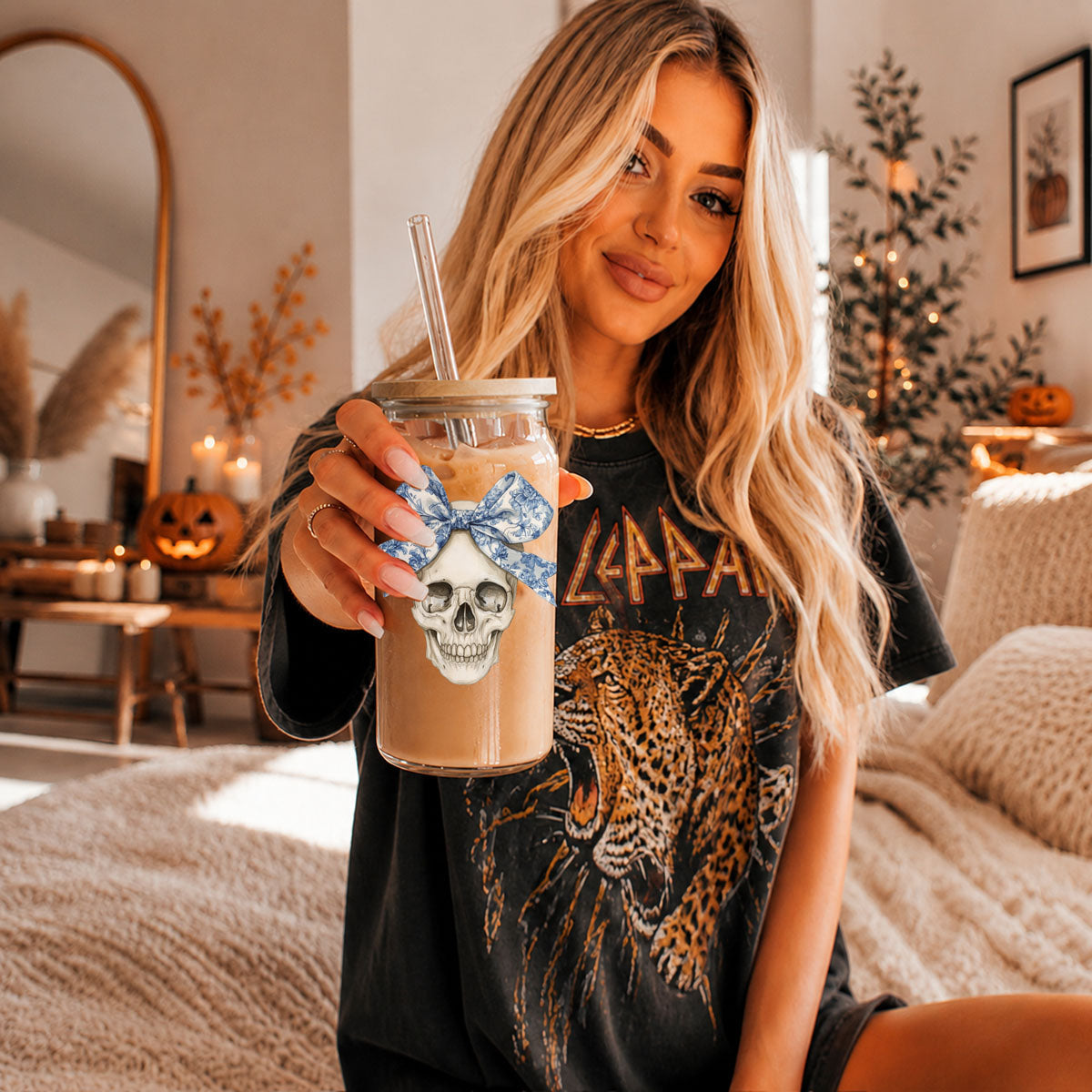 Bow Skull 20oz travel mug with skull graphic and blue bow decal, glass jar tumbler with straw on Tampa Home & Garden Store
