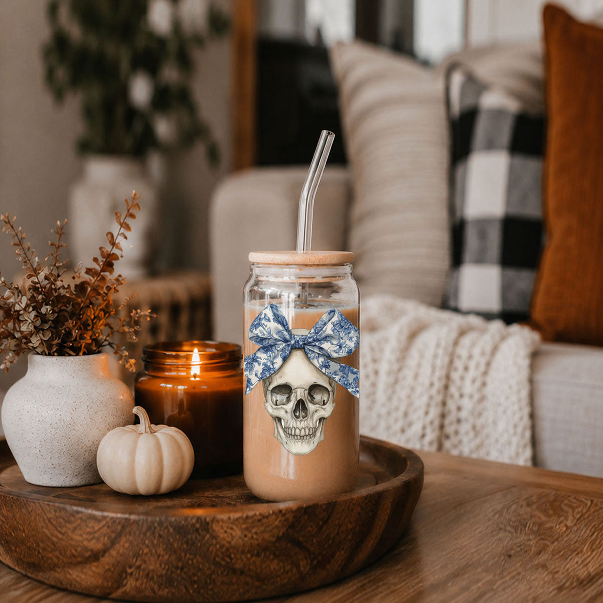 Bow Skull 20oz travel mug Gia Roma with skull decal and blue bow on clear glass on Tampa Home & Garden Store