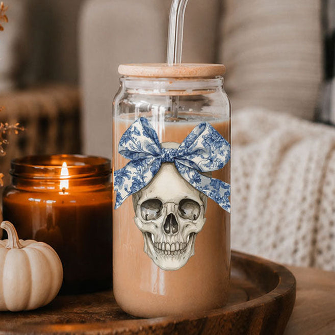Bow Skull 20oz travel mug by Gia Roma with skull graphic and blue patterned bow on Tampa Home & Garden Store