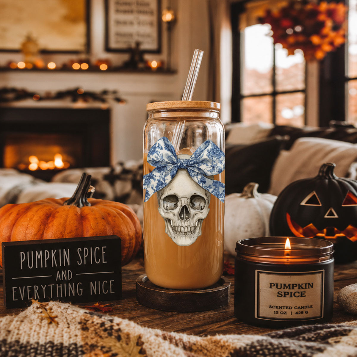 Gia Roma Bow Skull 20oz travel mug skull motif and blue bow glass tumbler on Tampa Home & Garden Store