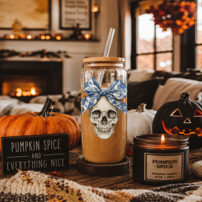 Gia Roma Bow Skull 20oz travel mug skull motif and blue bow glass tumbler on Tampa Home & Garden Store