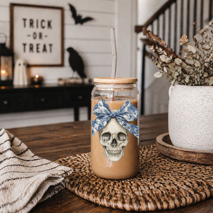 Bow Skull 20oz travel mug by Gia Roma with skull graphic and blue bow on glass jar tumbler on Tampa Home & Garden Store