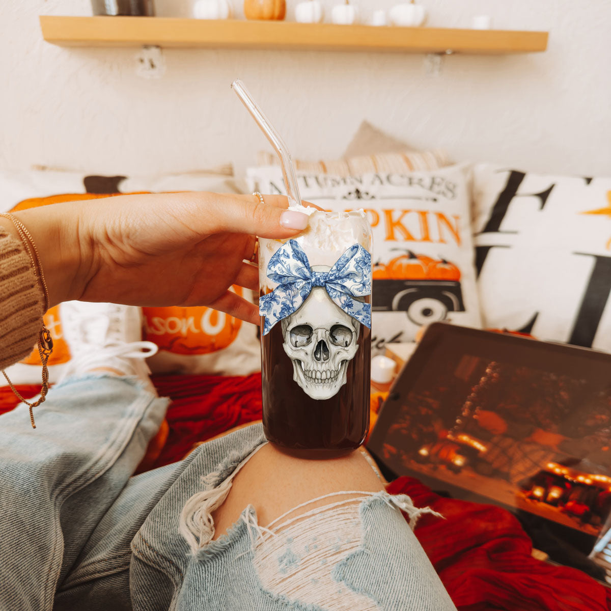Bow Skull 20oz travel mug by Gia Roma featuring blue floral bow skull art with clear straw on Tampa Home & Garden Store
