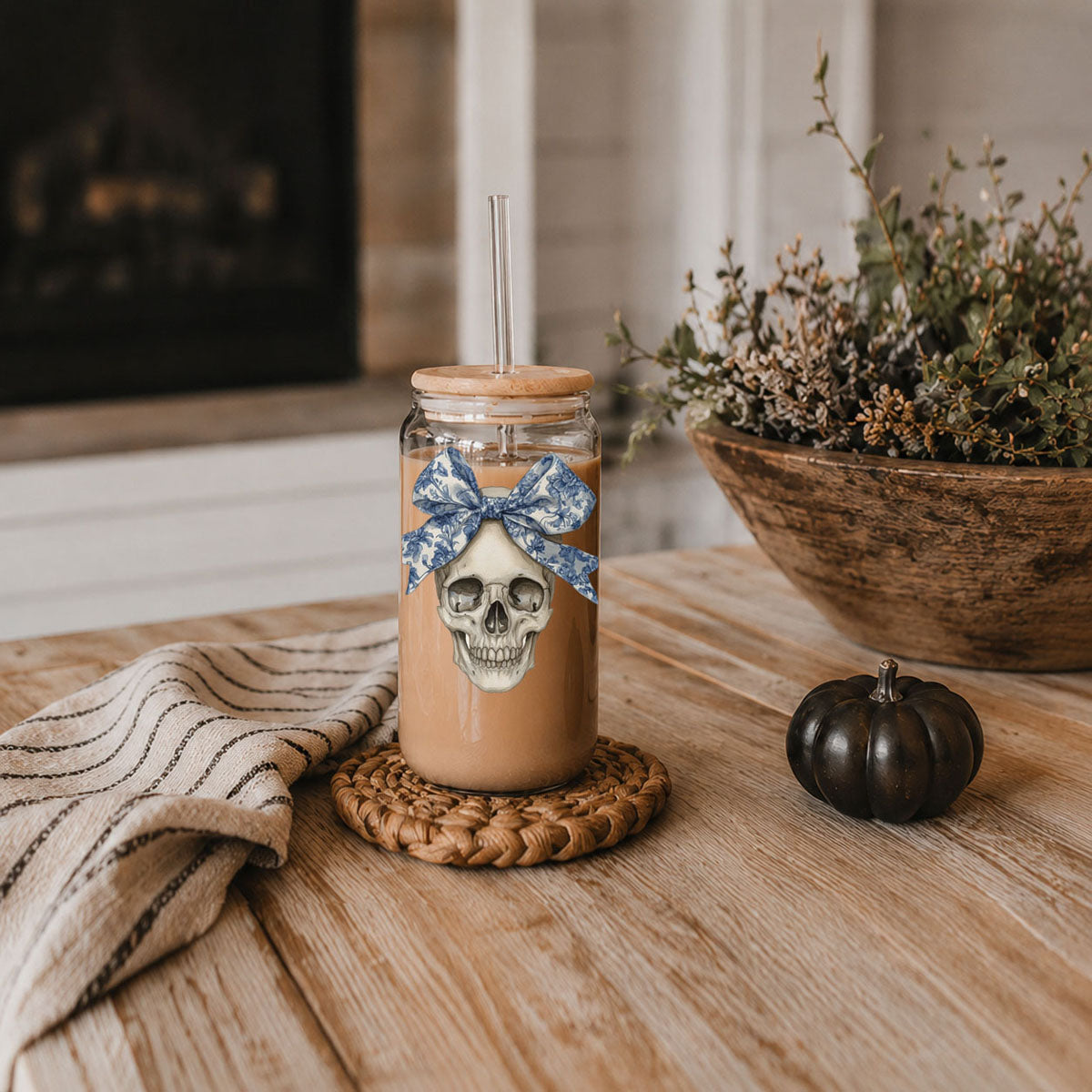 Bow Skull 20oz travel mug with skull decal and blue bow, wooden lid and straw on Tampa Home & Garden Store