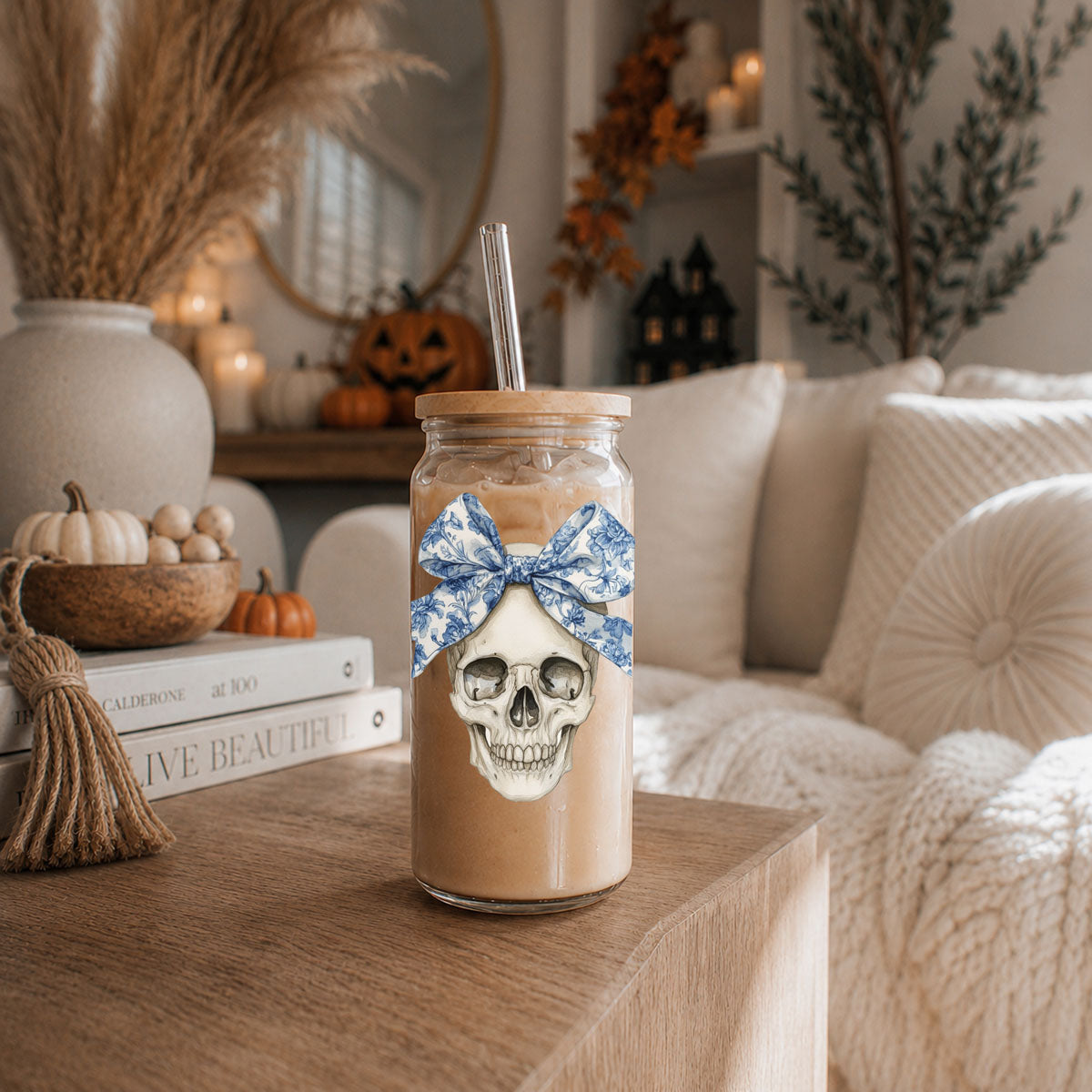 Bow Skull 20oz travel mug Gia Roma with blue bow skull design on Tampa Home & Garden Store