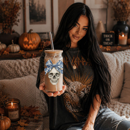Gia Roma Bow Skull 20oz travel mug with skull graphic and blue bow, wooden lid on Tampa Home & Garden Store