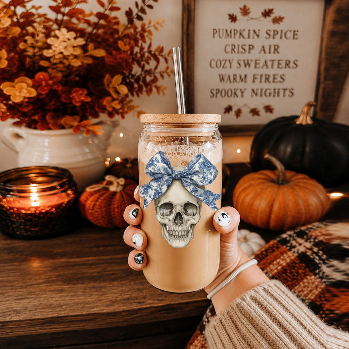 Bow Skull 20oz travel mug by Gia Roma with cork lid, metal straw, skull graphic and blue bow on Tampa Home & Garden Store