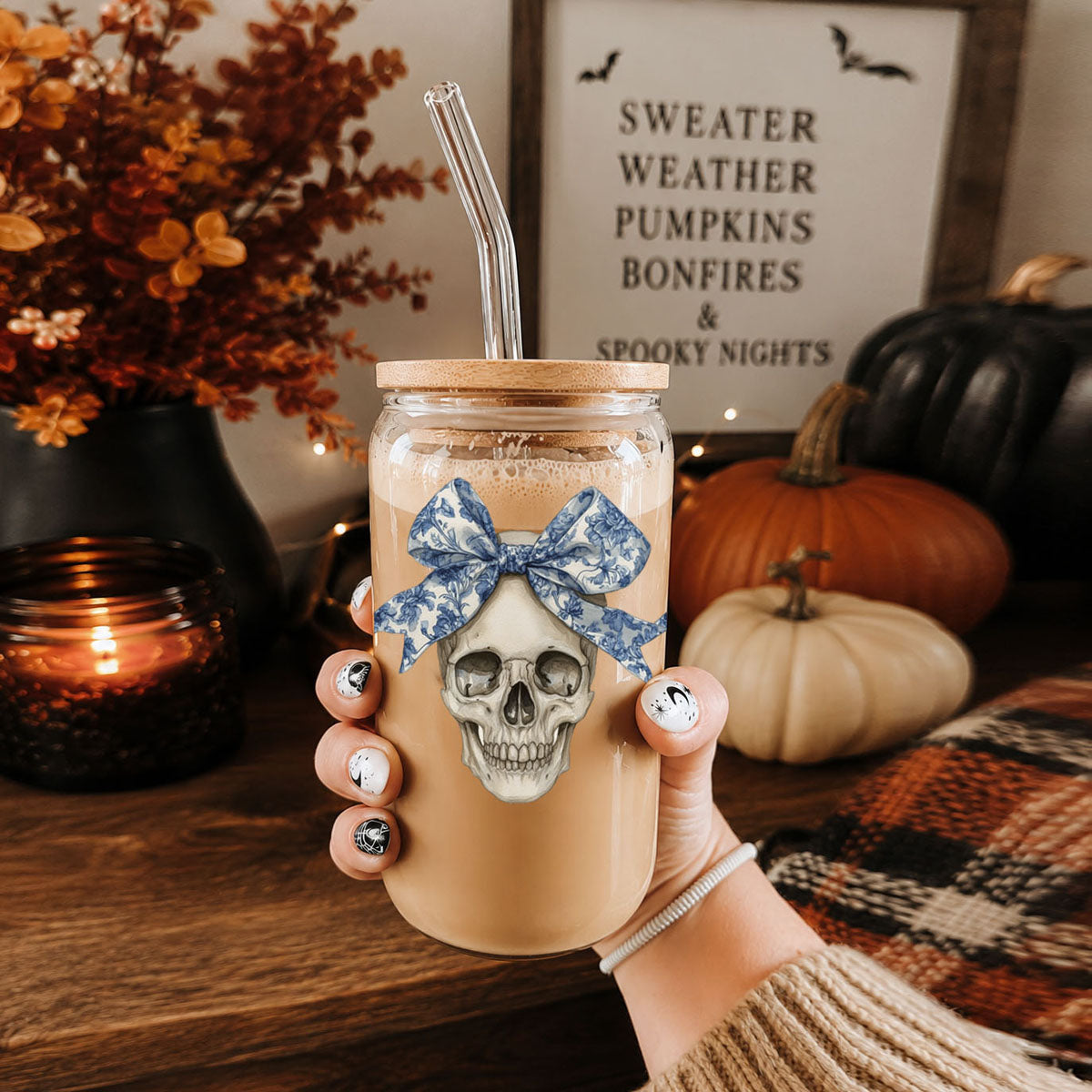 Bow Skull 20oz travel mug with skull and blue bow art Gia Roma drinkware on Tampa Home & Garden Store