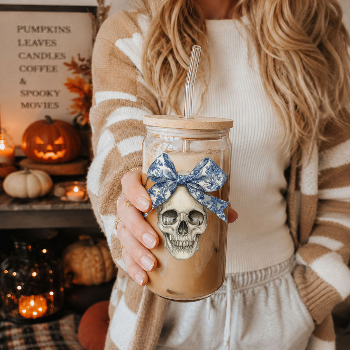 Bow Skull 20oz travel mug Gia Roma skull decal and blue bow beige drink visible on glass on Tampa Home & Garden Store