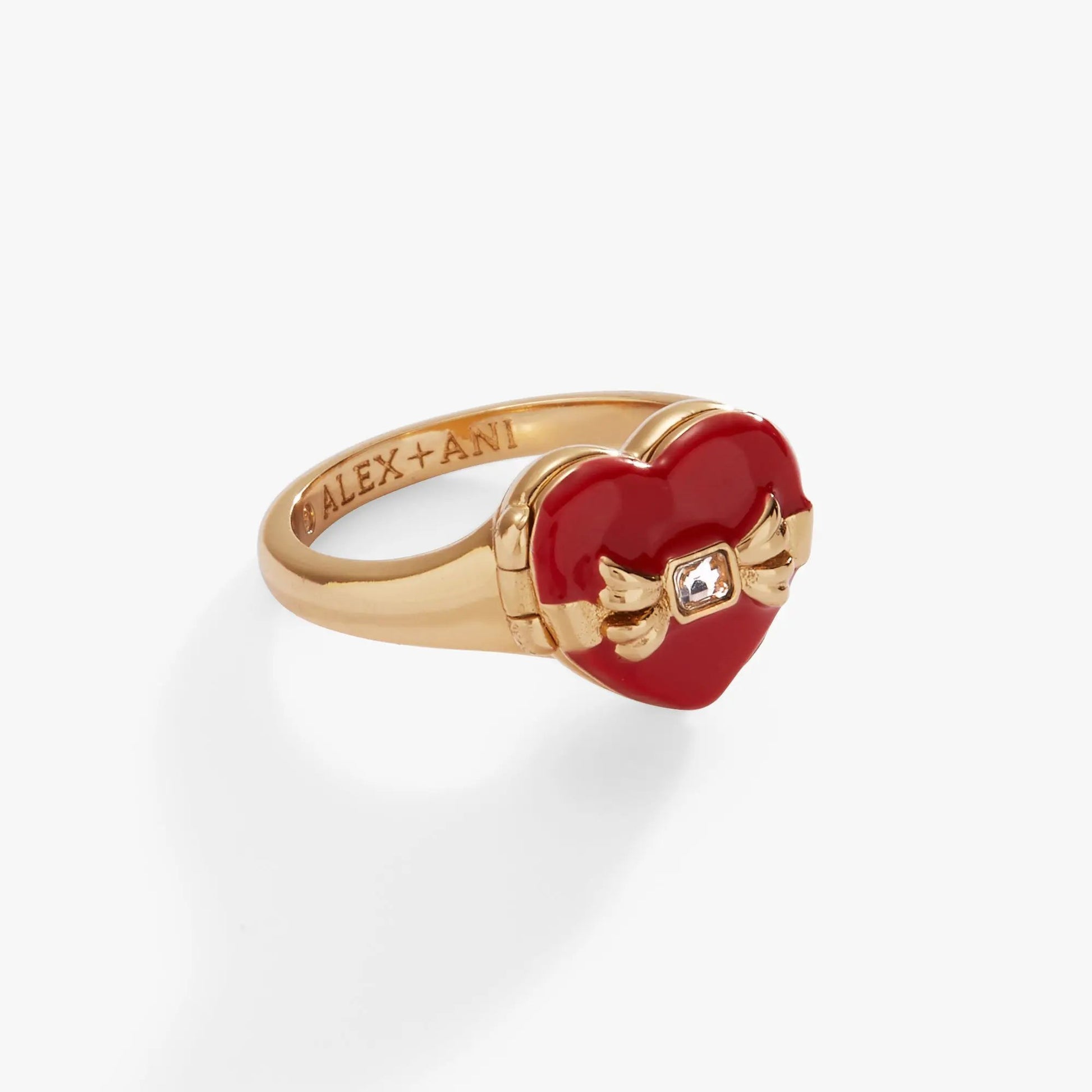 Box of Chocolate Locket Ring by Alex and Ani, gold-tone band with red enamel heart and clear stone on Tampa Home & Garden Store