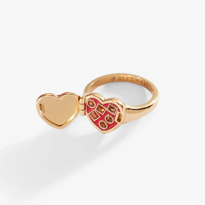 Box of Chocolate Locket Ring by ALEX AND ANI, gold tone with red enamel heart and crystals on Tampa Home & Garden Store