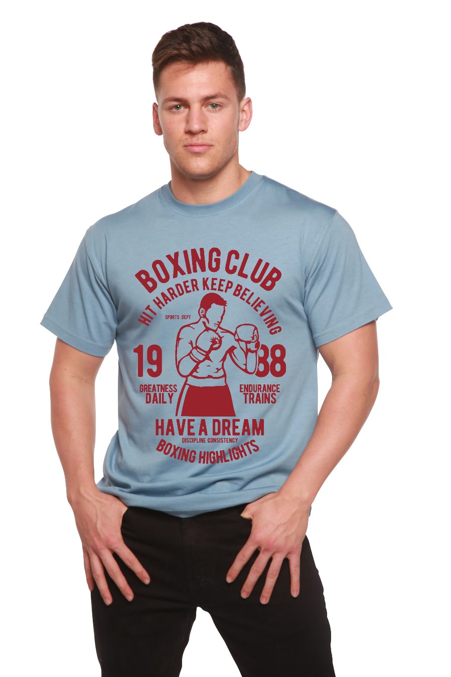 Boxing Club bamboo cotton shirt in light blue with red boxing graphic Spun Bamboo on Tampa Home & Garden Store