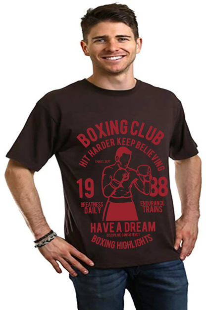 Boxing Club men's graphic T-shirt in dark brown with red boxing art, Spun Bamboo viscose on Tampa Home & Garden Store